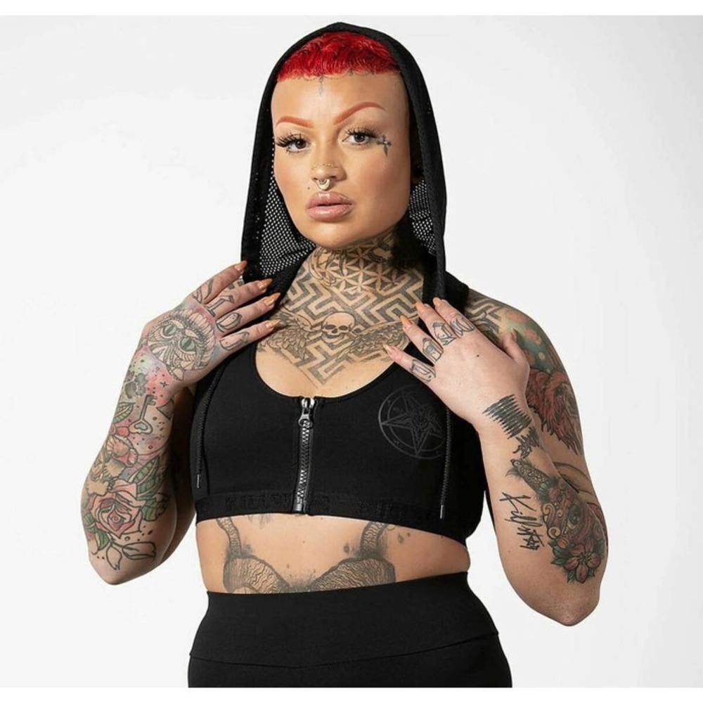 Killstar terminus black mesh sports bra hooded baphomet